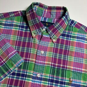 Ralph Lauren Oxford Shirt Multi Color Plaid Mens M Short Sleeve Button Pony Down